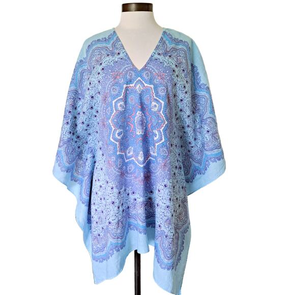 J. McLaughlin Redondo Blue Linen Scarf Print Caftan M/L Top Coverup - Picture 1 of 7